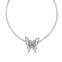 Zinc Alloy Cubic Zirconia Necklace, with 6cm extender chain, Butterfly, silver color plated, fashion jewelry & adjustable & micro pave cubic zirconia & for woman, silver color Approx 38 cm 