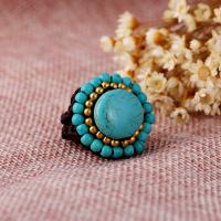 Turquoise Finger Ring, Brass, with turquoise & Wax Cord, handmade, fashion jewelry & Bohemian style & elastic & Unisex 3cm 