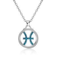 Rhinestone Zinc Alloy Necklace, with Opal, Flat Round, silver color plated, for woman & with rhinestone & hollow, blue Approx 45 cm 