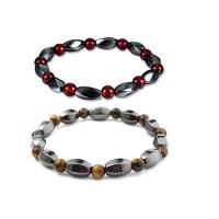 Gemstone Hematite Bracelets, Non Magnetic Hematite, with Glass Beads & Tiger Eye, elastic & Unisex 55mm 