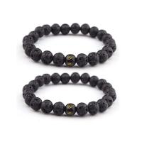 Lava Bead Bracelet, with Glass Beads, Round, handmade, elastic & Unisex, black, 8mm .5 Inch 