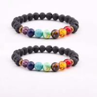 Gemstone Bracelets, Lava, with Gemstone & Zinc Alloy, Round, gold color plated, elastic & Unisex, mixed colors, 8mm .5 Inch 