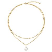 Stainless Steel Jewelry Necklace, 304 Stainless Steel, with Freshwater Pearl, with 3.94inch extender chain, Double Layer & fashion jewelry & for woman 17*10mm Approx 13.78 Inch, Approx 15.75 Inch 