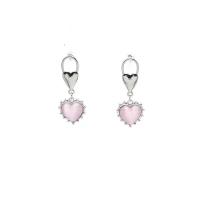 Zinc Alloy Rhinestone Drop Earring, with Cats Eye, Heart, silver color plated, fashion jewelry & for woman, pink 