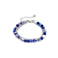 Agate Bracelets, Titanium Steel, with Agate, with 5cm extender chain, Round, polished, Double Layer & fashion jewelry & adjustable & for woman, blue cm 