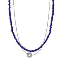Glass Seed Beads Necklace, Glass Beads, with Titanium Steel, Flower, Vacuum Ion Plating, Double Layer & fashion jewelry & for woman, dark blue cm, 42.2 cm 