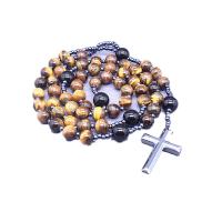 Tiger Eye Sweater Necklace, with Seedbead & Iron Rock & Black Agate, polished, Unisex, brown Approx 26.77 Inch 