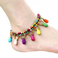 Fashion Jewelry Anklet, Brass, with brass bell & turquoise & Wax Cord, anoint, Bohemian style & for woman Approx 9.45 Inch 
