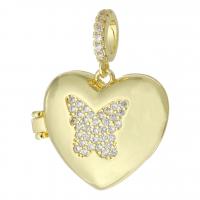 Brass Locket Pendants, Heart, gold color plated, can open and put into something & fashion jewelry & butterfly design & DIY & micro pave cubic zirconia & for woman, golden Approx 3mm 
