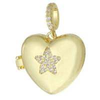 Brass Locket Pendants, Heart, gold color plated, can open and put into something & fashion jewelry & DIY & with star pattern & micro pave cubic zirconia & for woman, golden Approx 3mm 