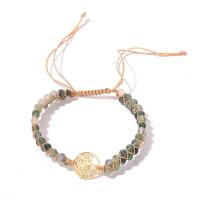 Gemstone Woven Ball Bracelets, Moss Agate, with African Turquoise & Polyester Cord & Zinc Alloy, Tree, gold color plated, Double Layer & Unisex & adjustable .5 Inch 