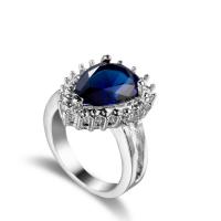 Circón cúbico anillo de dedo de latón, metal, chapado en platina real, diverso tamaño para la opción & para mujer & con circonia cúbica, azul real, Vendido por UD