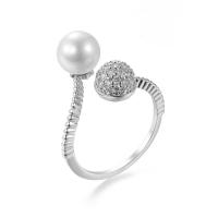 Brass Cuff Finger Ring, with Plastic Pearl, platinum plated & micro pave cubic zirconia & for woman, white, 17mm 