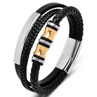 PU Leather Bracelet, with 316L Stainless Steel, Vacuum Ion Plating, three layers & vintage & for man 