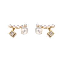Cubic Zirconia Micro Pave Brass Earring, with Plastic Pearl, real gold plated, fashion jewelry & micro pave cubic zirconia & for woman, golden 