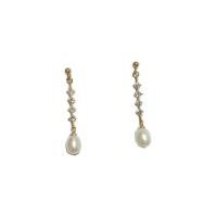 Freshwater Pearl Drop Earring, Brass, with Freshwater Pearl, gold color plated, for woman & with rhinestone 40mm 