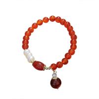 Red Agate Bracelets, with Freshwater Pearl & Brass, Round, gold color plated, folk style & for woman, 6mm Approx 5.5-6.3 Inch 