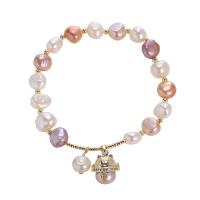 Cultured Freshwater Pearl Brass Bracelet, with Elastic Thread & Brass, Fortune Cat, 14K gold plated, Korean style & for woman Approx 7-7.5 Inch 