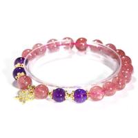 Quartz Bracelets, Strawberry Quartz, with zinc alloy bead & Amethyst, polished, for woman & with rhinestone, pink Approx 7.6 Inch 