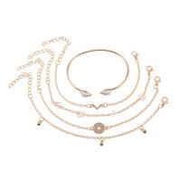 Zinc Alloy Bracelet Set, with Rose Quartz, with 1.96 inch extender chain, gold color plated, 5 pieces & for woman & with rhinestone, 17cm,18cm,6cm 
