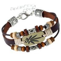 Cowhide Bracelets, with Wax Cord & Wood & Zinc Alloy, with 7.5cm extender chain, Maple Leaf, antique silver color plated, vintage & multilayer & Unisex & adjustable, brown Approx 17 cm 