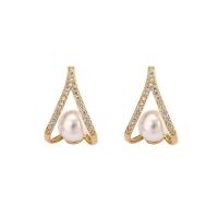 Cubic Zirconia Micro Pave Brass Earring, with Plastic Pearl, Letter V, real gold plated, fashion jewelry & micro pave cubic zirconia & for woman, golden 