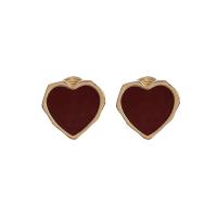 Brass Earring Clip, Heart, real gold plated, fashion jewelry & for woman & enamel, red 