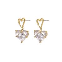 Cubic Zircon Brass Earring, Heart, real gold plated, fashion jewelry & micro pave cubic zirconia & for woman, golden 