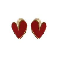 Brass Stud Earring, Heart, real gold plated, fashion jewelry & for woman & enamel, red 