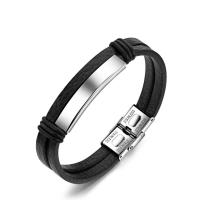 Titanium Steel Bracelet, with Cowhide, Vacuum Ion Plating, Double Layer & for man, black, 215mm 