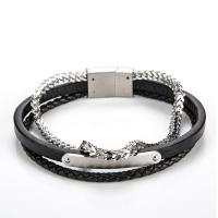 Cowhide Bracelets, Titanium Steel, with Cowhide, Vacuum Ion Plating, multilayer & for man, black, 200mm 
