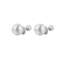 Plastic Stud Earring, 925 Sterling Silver, platinum plated, micro pave cubic zirconia & for woman & with plastic pearl, white 