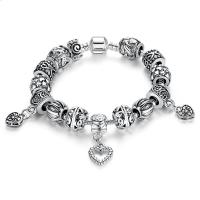 Zinc Alloy European Bracelets, with brass chain, Heart, silver color plated & for woman & with rhinestone & blacken Approx 7.8 Inch 