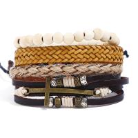 PU Leather Cord Bracelets, with Linen & Cowhide & Wood & Zinc Alloy, 4 pieces & Unisex Approx 6.7-7 Inch 