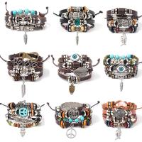 Cowhide Bracelets, with PU Leather & Wood & Zinc Alloy, multilayer & Unisex Approx 7 Inch 