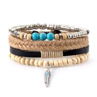 Cowhide Bracelets, with turquoise & Linen & Wood & Zinc Alloy, Feather, vintage & multilayer & Unisex, 15mm Approx 6.7 Inch 