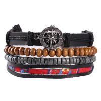 Cowhide Bracelets, with Wood & Zinc Alloy, Compass, multilayer & Unisex, 45mm Approx 5.5-6.7 Inch 