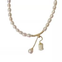 Natural Freshwater Pearl Necklace, with 6cm extender chain, Flower, gold color plated, fashion jewelry & adjustable & for woman, white Approx 38 cm 