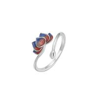925 Sterling Silver Cuff Finger Ring, Flower, platinum plated, Adjustable & for woman & enamel, white 