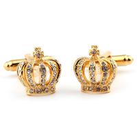 Brass Cufflinks, Crown, gold color plated, for man & with rhinestone 