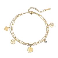 Stainless Steel Charm Bracelet, 316L Stainless Steel, with 1.96inch extender chain, Four Leaf Clover, 18K gold plated, Double Layer & micro pave cubic zirconia & for woman, 8mm, 10mm, 11mm Approx 6.7 Inch 
