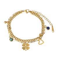 Stainless Steel Charm Bracelet, 316L Stainless Steel, with 1.96inch extender chain, Four Leaf Clover, 18K gold plated, Double Layer & for woman & hollow Approx 6.7 Inch, Approx  6.8 Inch 