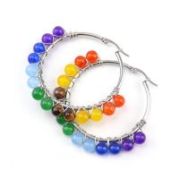 Natural Stone Hoop Earring, with Brass, Donut, silver color plated & for woman 50mm 