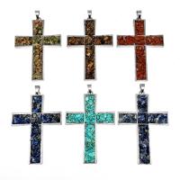 Gemstone Zinc Alloy Pendants, with Natural Gravel, Cross, silver color plated, DIY 