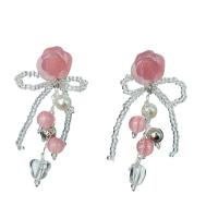Boucle d'oreille de goutte acrylique, avec pierre gemme & perle de plastique, Noeud papillon, bijoux de mode & pour femme, rose, 71mm, Vendu par paire