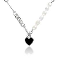 Titanium Steel Jewelry Necklace, with Freshwater Pearl, Heart, fashion jewelry & for woman & enamel, silver color Approx 43 cm 