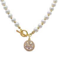 Plastic Pearl Necklace, with Brass, Flower, gold color plated, fashion jewelry & micro pave cubic zirconia & for woman, white Approx 43 cm 