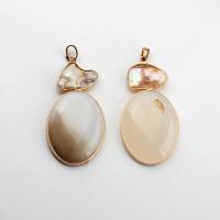 Agate Brass Pendants, with Shell & Brass, gold color plated, Unisex, mixed colors, 62x31- 