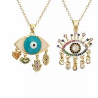 Evil Eye Jewelry Necklace, Brass, with 2 extender chain, gold color plated & micro pave cubic zirconia & for woman & enamel, mixed colors .7 Inch 