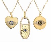 Evil Eye Jewelry Necklace, Brass, with 2 extender chain, gold color plated & micro pave cubic zirconia & for woman & enamel, golden .7 Inch 